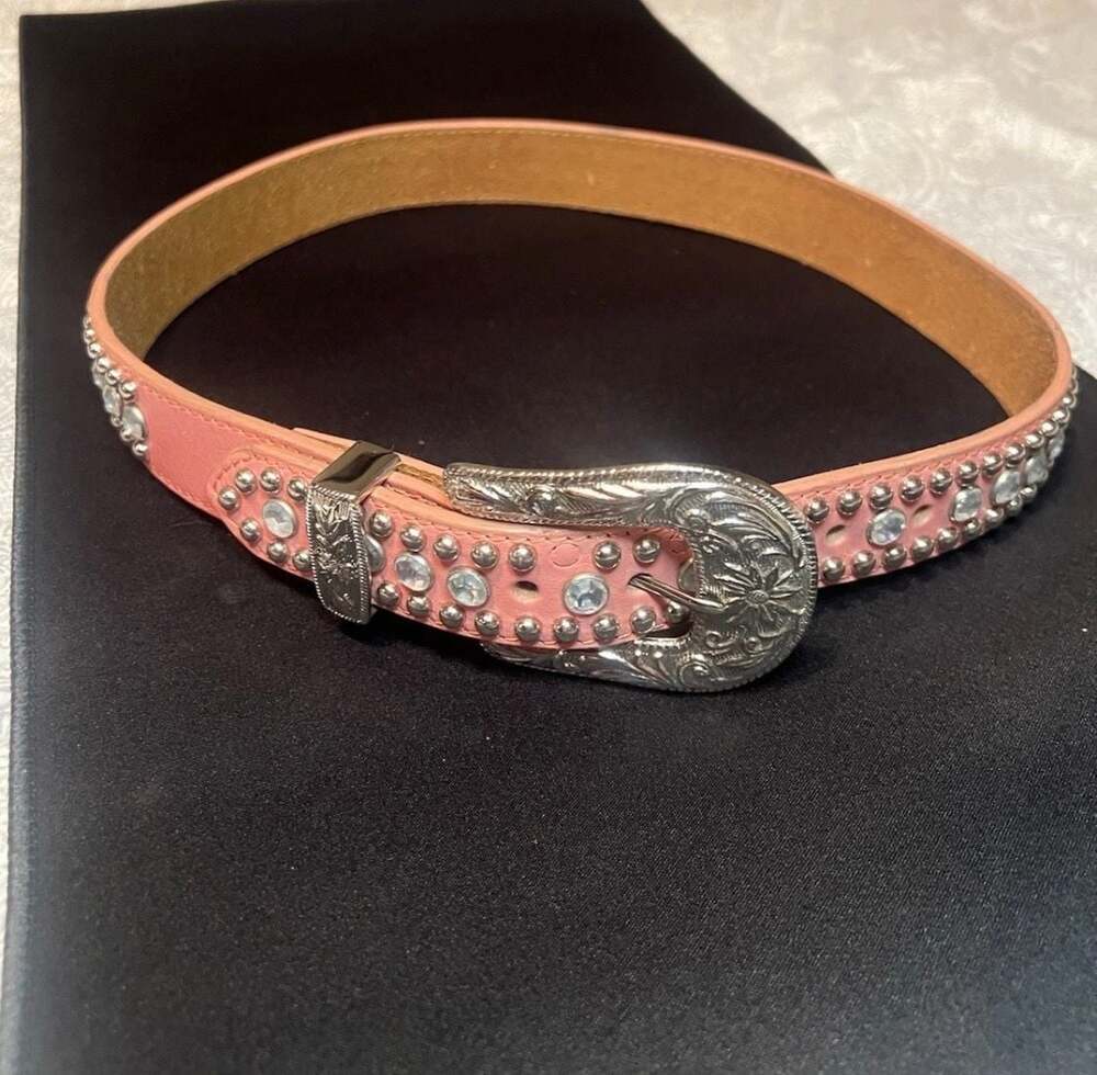 3-D Belt Company Pink Studded Rhinestone Western Leather Belt Size 28